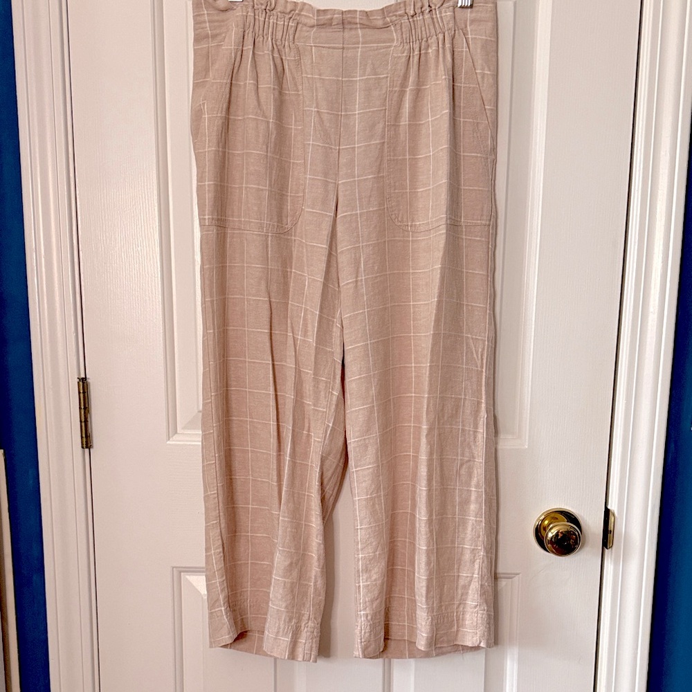 High waist wide leg tan linen crop pants Size S